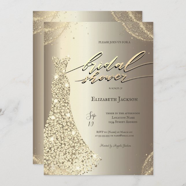 Elegant Luxury Dress Gold Bridal Shower  Inbjudningar (Fram/baksida)