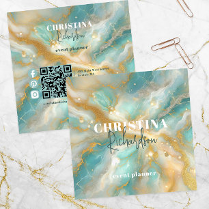 Elegant Luxury Glam Guld Glitter Aquamarine Marble Fyrkantigt Visitkort