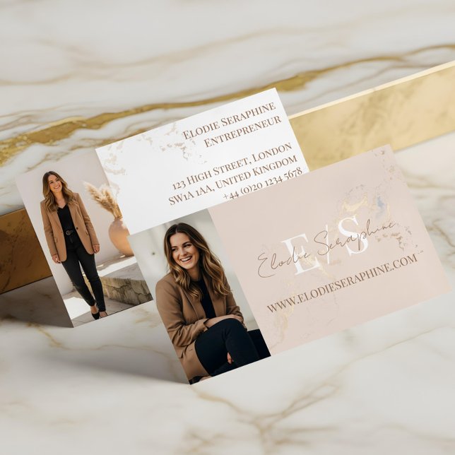 Elegant Luxury Gold Marble Script Monogram Photos Visitkort (Gold Marble Luxury Script Monogram Minimal Elegant Business Card)