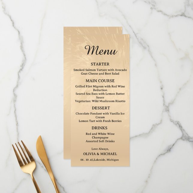Elegant Luxury Gold Marbled Wedding Menu Meny (Fram/Back In Situ)