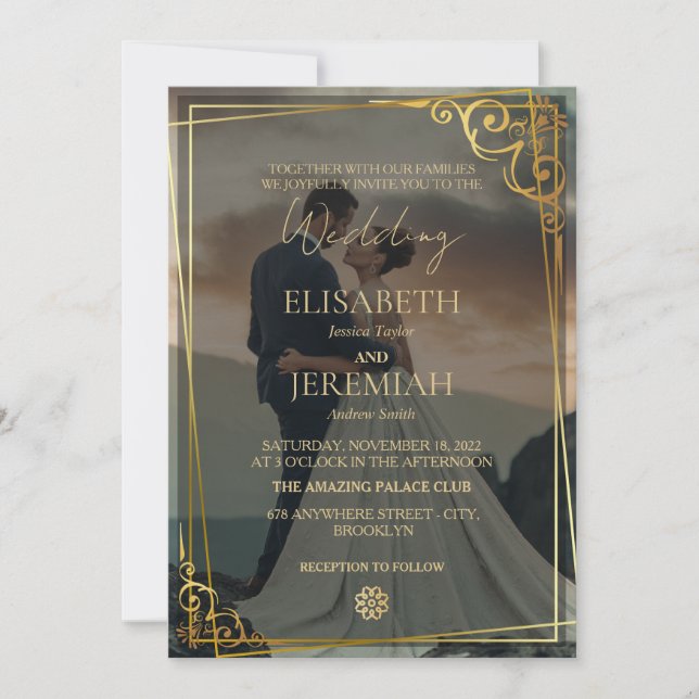 Elegant Luxury Guld & Black Overlay Photo Bröllop Inbjudningar (Framsida)