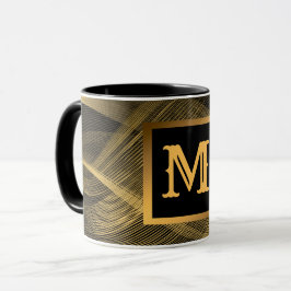 Elegant Luxury Guld Black Wave Monogramme Mugg