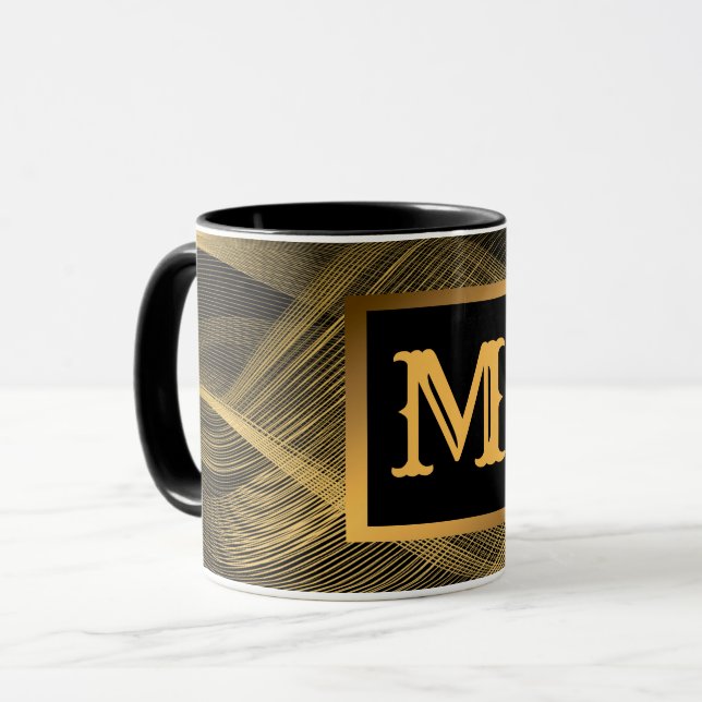 Elegant Luxury Guld Black Wave Monogramme Mugg (Framsida vänster)
