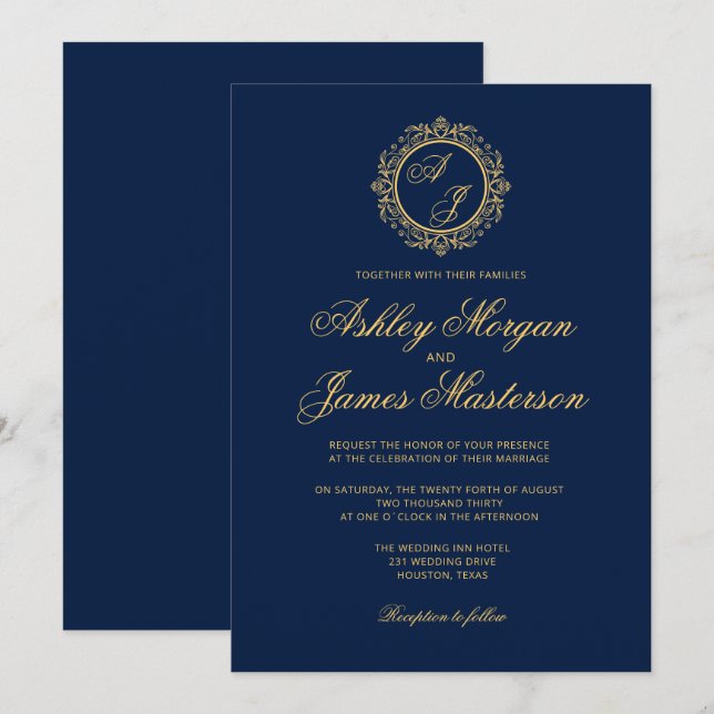 Elegant Luxury Guld Monogram Navy Blue Bröllop Inbjudningar (Fram/baksida)
