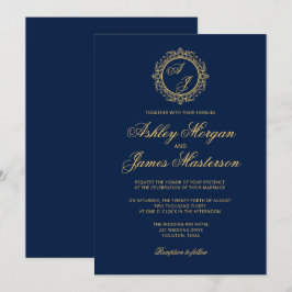Elegant Luxury Guld Monogram Navy Blue Bröllop Inbjudningar
