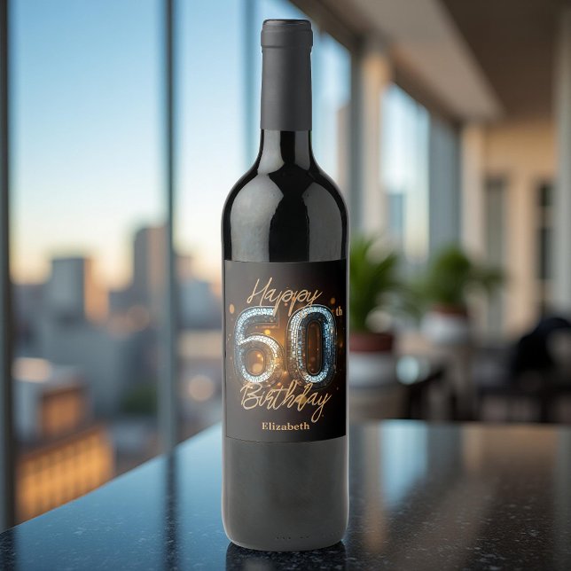 Elegant Luxury Guld Mosaic på Svart 60-årsdagen Vinflaska Etikett (Skapare uppladdad)