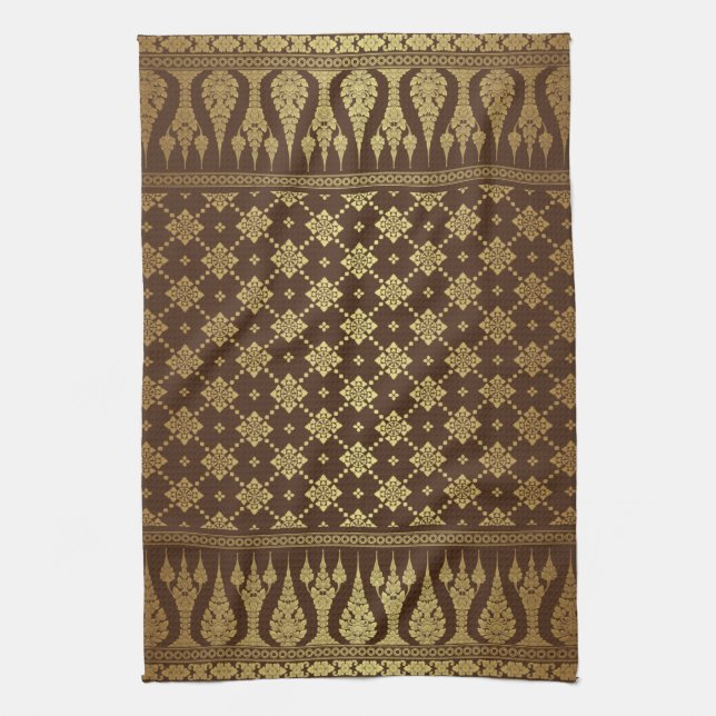 Elegant Luxury Guld och Brown Egyptian Damask Kökshandduk (Vertikal)