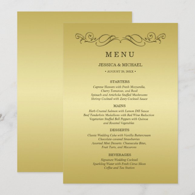 Elegant Luxury Guld Ornate bröllop Meny (Fram/baksida)