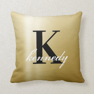 Elegant Luxury Guld Satin Shimmer Monogram Namn Kudde