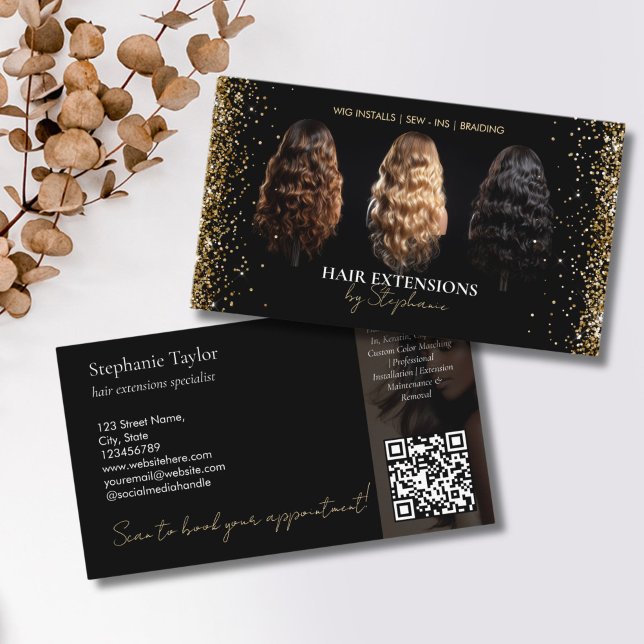Elegant Luxury Hair Extensions Wig Installs Photo Visitkort (wigs business card with gold glitter details)