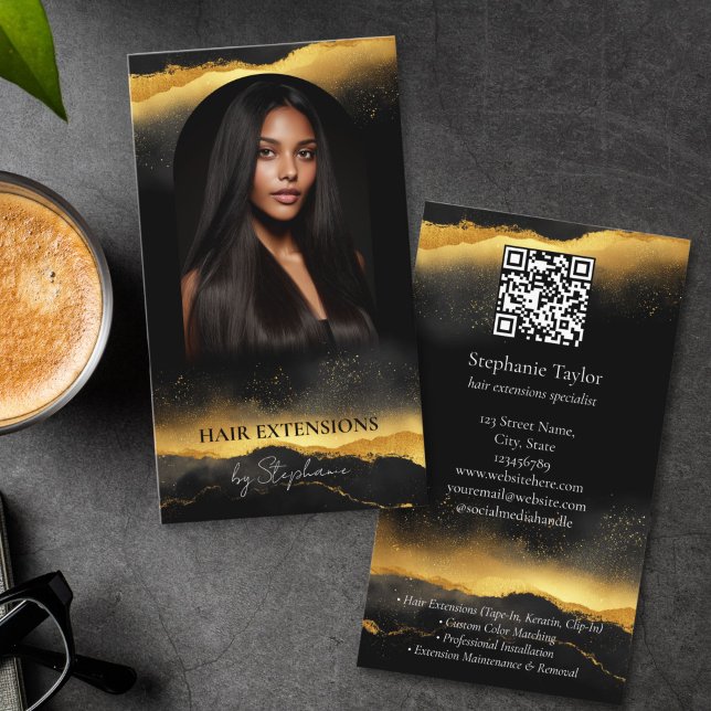 Elegant Luxury Hair Stylist Extensions Wigs  Photo Visitkort (chic modern gold and black photo hair extension specialist business cards with qr code and photo)