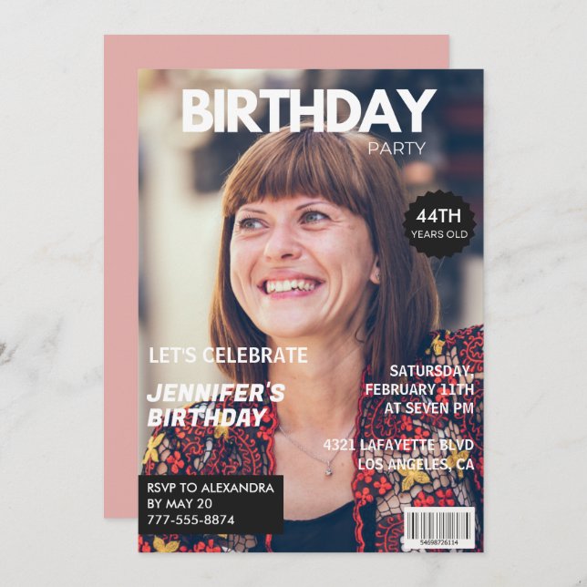 Elegant Luxury Magazine Photo 44-årsdag Inbjudningar (Fram/baksida)
