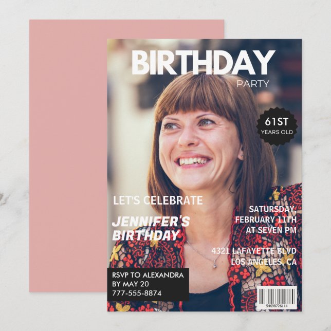 Elegant Luxury Magazine Photo 61:a födelsedag Inbjudningar (Fram/baksida)