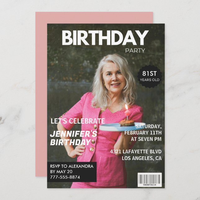 Elegant Luxury Magazine Photo 81: a födelsedag Inbjudningar (Fram/baksida)