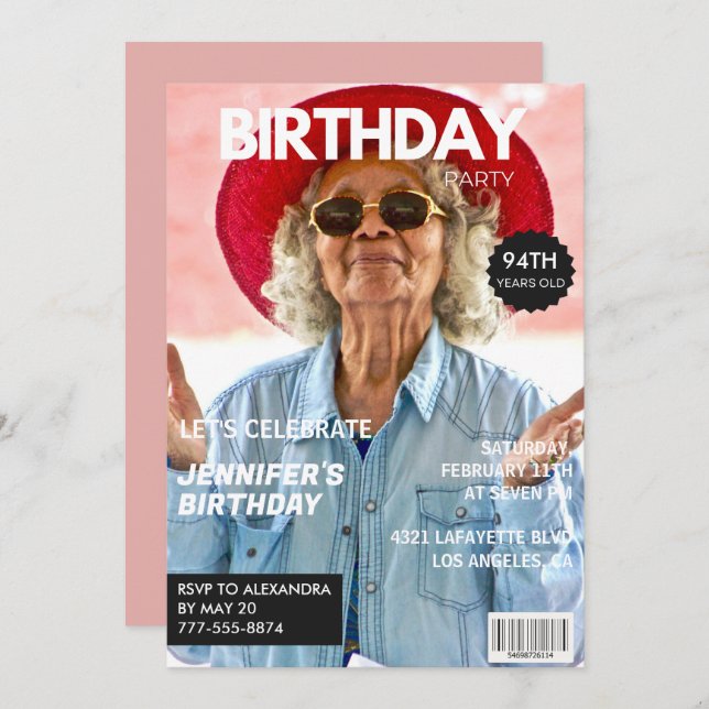 Elegant Luxury Magazine Photo 94-årsdagen Inbjudningar (Fram/baksida)