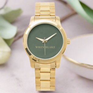 Elegant Luxury Mörk grönt & Guld Namn födelsedag Armbandsur