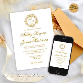 Elegant Luxury Mörk Guld Monogram White Bröllop Inbjudningar