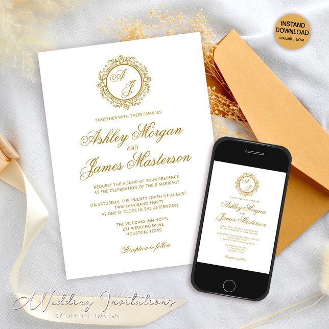 Elegant Luxury Mörk Guld Monogram White Bröllop Inbjudningar (Skapare uppladdad)