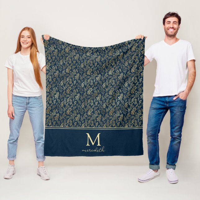 Elegant Luxury Navy Guld Löv Monogram Fleecefilt (På plats)