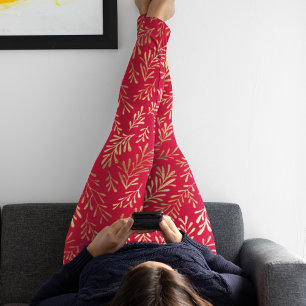 Elegant Luxury Red Guld Löv Mönster Leggings