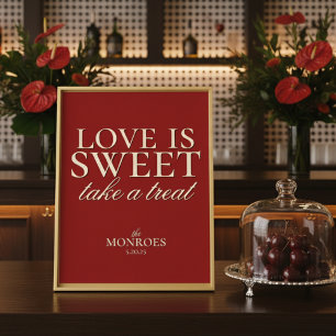 Elegant Luxury Red Kärlek är Sweet Bröllop Dessert Poster