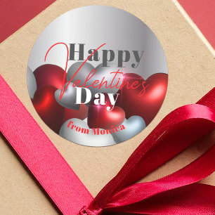 Elegant Luxury Red och Silver Hearts Valentine's Runt Klistermärke