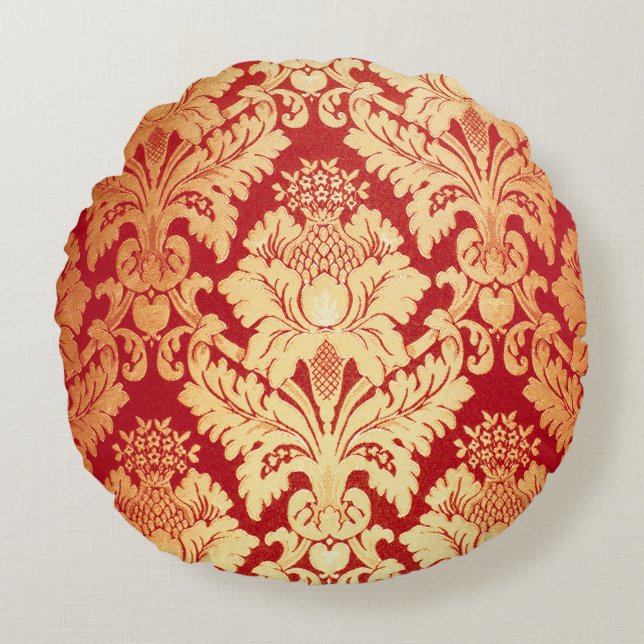 Elegant Luxury Retro Red Guld Damask Pattern Rund Kudde (Framsidan)