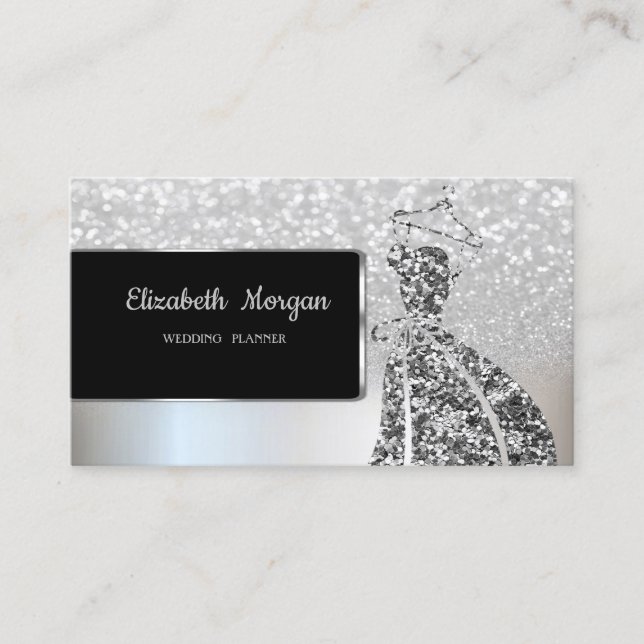 Elegant Luxury Silver Glitter Bokeh Ombre, Dress Visitkort (Framsida)