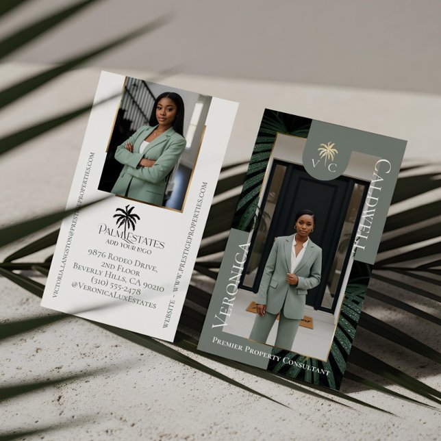 Elegant Luxury Tropical Palm Tree Monogram Photo Visitkort (Elegant Luxury Tropical Palm Tree Monogram Photo Business Card)