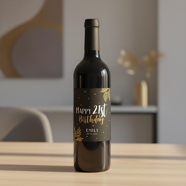 Elegant Lycklig 21:a födelsedag Guld Foliage Party Vinflaska Etikett (Skapare uppladdad)