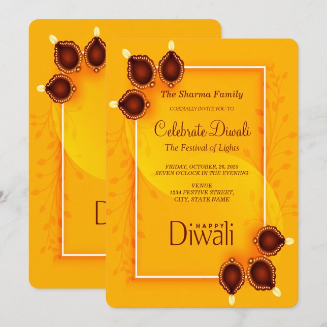 Elegant Lycklig Diwali Golden Party-inbjudan Inbjudningar (Fram/baksida)