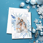 Elegant Lycklig Hanukkah Blue Botanical Family Pho Helg Vykort<br><div class="desc">Vackert blåfärgat botaniskt löv vår ut ur ditt lodrät judiskt familjefoto för en Lycklig Hanukkah. Anpassa den här eleganten Chanukah-fotovykort.</div>