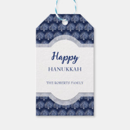 Elegant lycklig Hanukkah-menorah-mönster blå Presentetikett