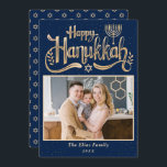 Elegant Lycklig Hanukkah Navy Blue and Guld Photo Julkort<br><div class="desc">Elegant Lycklig Hanukkah Navy Blue and Guld Photo Helgdag Card</div>