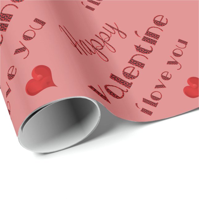 Elegant Lycklig Valentine Typography Rosa Red Hear Presentpapper (Rullad Hörn)