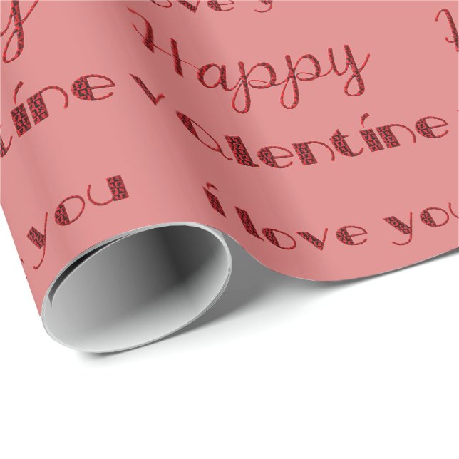 Elegant Lycklig Valentine Typography Rosa Red Presentpapper (Rullad Hörn)