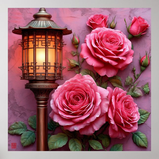 Elegant lykta med blommande rosa rosor poster (Framsidan)