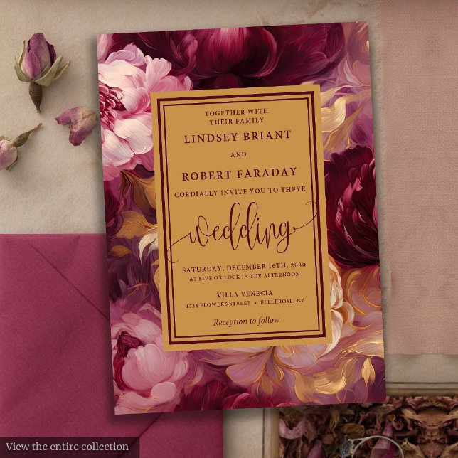 Elegant lyx burgunder röda och gyllene rosor bröll inbjudningar (Elegant Lux Burgundy Gold Roses Wedding Invitation)