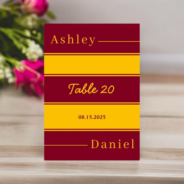 Elegant Lyx Burgundy Och Guld Ränder Bröllop Bordsnummer (Skapare uppladdad)