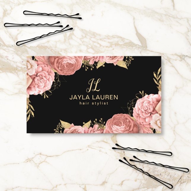 Elegant Lyx Chic Monogram Rosa Guld Blommig Visitkort (Skapare uppladdad)