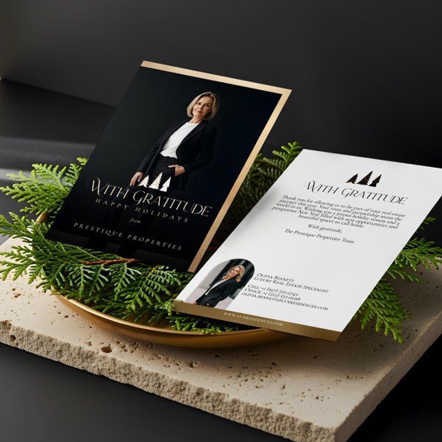 Elegant Lyx Fastigheter Modern Guld Svart Glad Julkort (Elegant Luxury Real Estate Modern Gold Black Happy Holiday Card)