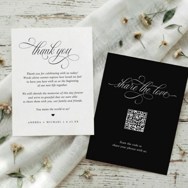 Elegant Lyx Gamla Pengar Bröllopsfoto Delning Tack Kort (Elegant black and white wedding thank you card with classic calligraphy and photo sharing QR code.)