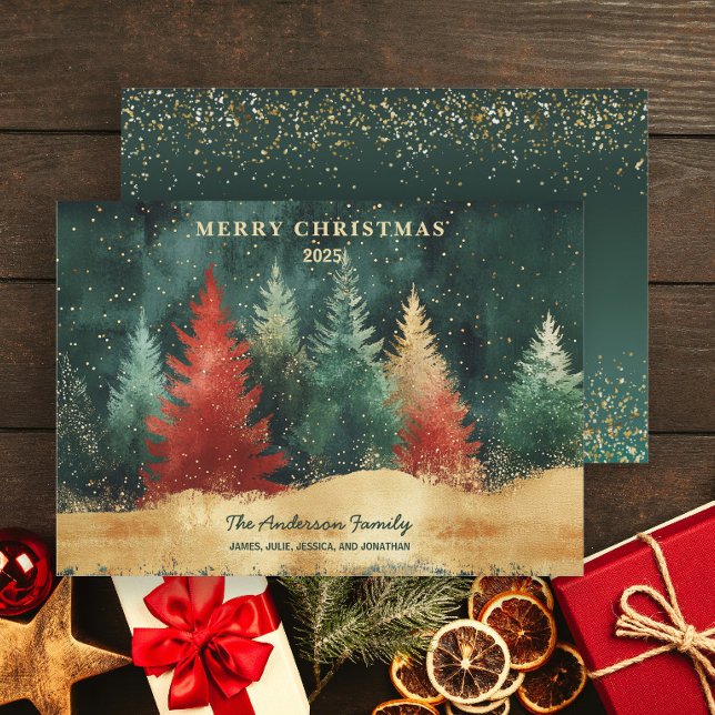 Elegant Lyx Grön Guld Röd Julgran  Julkort (Elegant green, red, and gold glitter trees "Merry Christmas" greeting card)