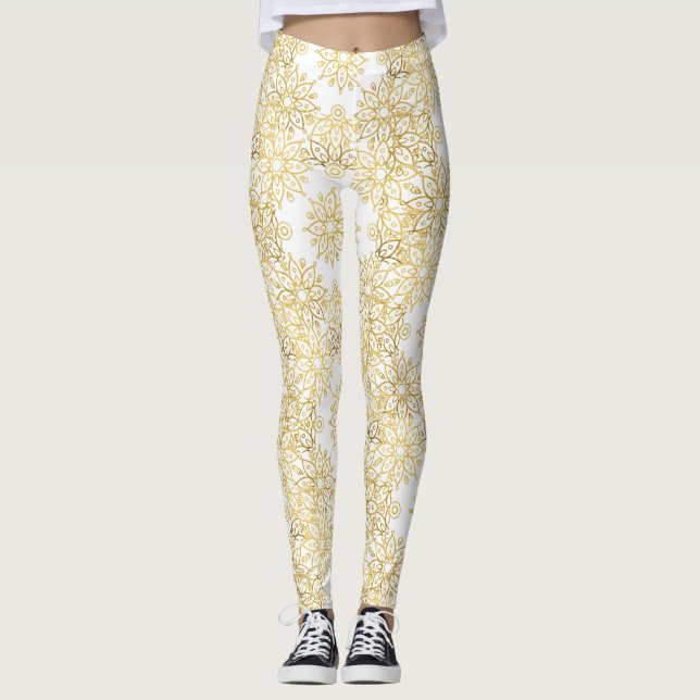 Elegant Lyx Guld Blommig Mandala Mönster Leggings (Framsida)