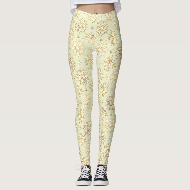 Elegant Lyx Guld Blommig Mandala Mönster Leggings (Framsida)