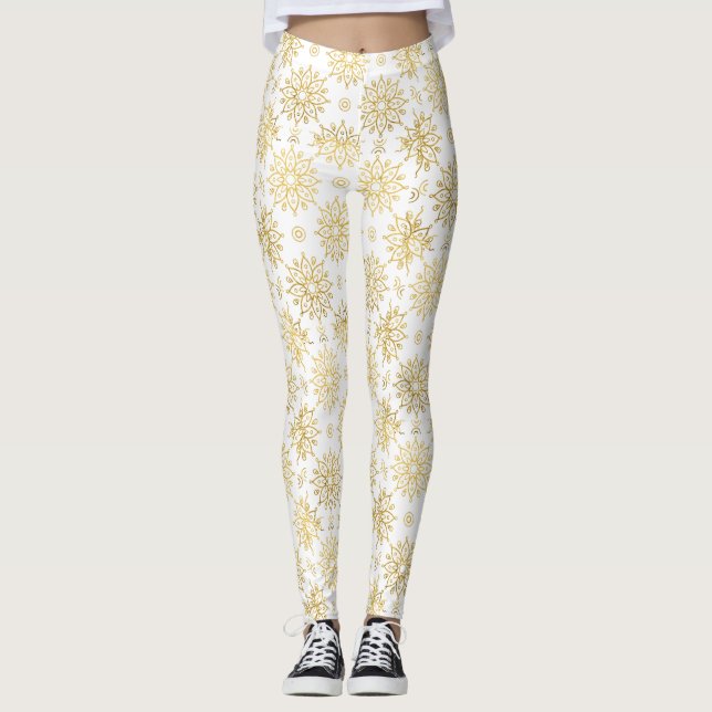 Elegant Lyx Guld Blommig Mandala Mönster Leggings (Framsida)