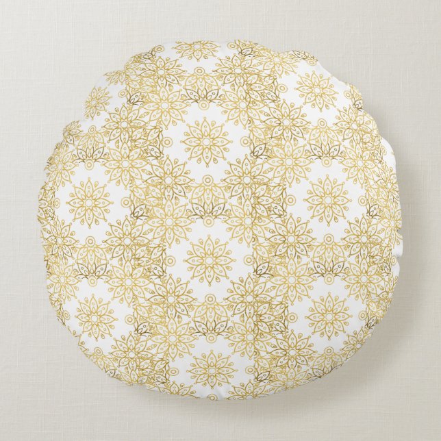 Elegant Lyx Guld Blommig Mandala Mönster Rund Kudde (Framsidan)