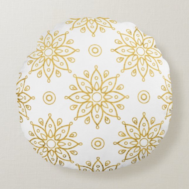 Elegant Lyx Guld Blommig Mandala Mönster Rund Kudde (Framsidan)