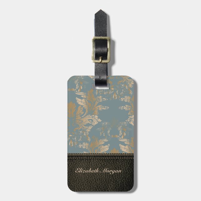 Elegant lyx, läderlook, vintage damask  bagagebricka (Vertikal Framsida)