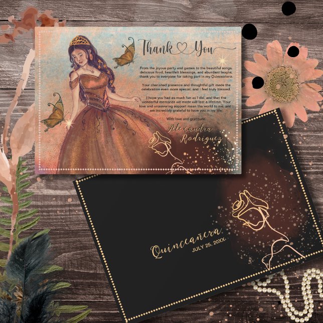 Elegant Lyx Metallisk Koppar Quinceañera Tack Kort (Elegant Vintage Copper Rose Quinceañera Invitation)